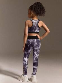 女童两件套运动套装，黑白扎染印花无袖露脐上衣和紧身裤套装，适合瑜伽、休闲、体操训练、日常穿着和休闲外出。 - 彩色 - 查看 2