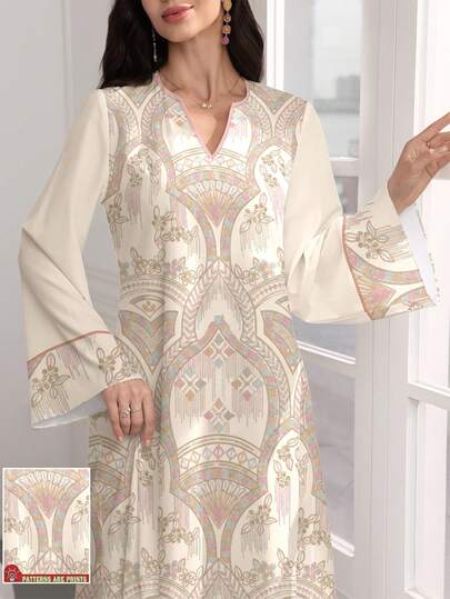 SHEIN Najma Vestido largo de manga larga con cuello en V y estampado floral geométrico, vestido maxi bohemio de estilo árabe elegante, adecuado para primavera y otoño