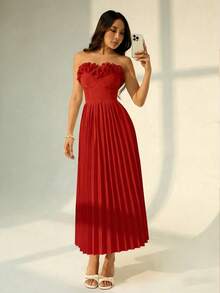 Rafferiza Vestido plissado feminino com bojo e detalhes em renda floral, vestido sexy, vestido vermelho, ideal para férias, encontros, passeios, Ano Novo, look feminino para o Ano Novo. - Vermelho - Ver 4