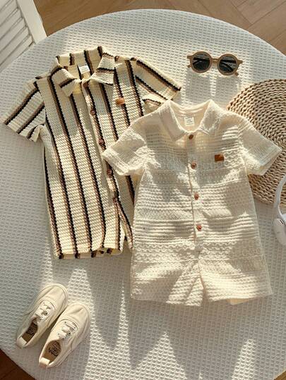 SHEIN 2pcs Newborn Baby Unisex Casual Striped Polo Collar Short Sleeve Romper Set, Suitable For Birthday Party, Rave, Evening Party, Performance, Wedding, One Month Celebration, Christening And First Birthday Party, Wedding Guest, Baby Shower