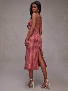 NYA SZN Dress Strapless Plaid Asymmetrical Hem Cool Girl Streetstyle Easter Club Day Brunch Casual Everyday Going Out Party Special Occasion Travel Vacation Office Siren Western Country Date Night Elegant Luxury Outfits For Women - Red and White - View 5