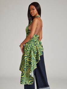 NYA SZN Top Sleeveless Cutout Detail Gathered Printed Abstract High Low Hem Green Satin Everyday Date Night Outfits For Women - Multicolor - View 3