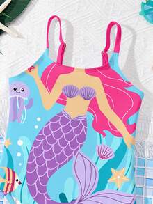 SHEIN Cute Cartoon Mermaid Princess Print, Young Girls Casual Minimalist One-Piece Swimsuit, Suitable For Summer - Multicolor - View 5
