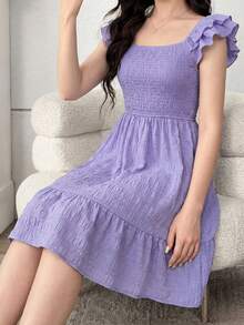 SHEIN Teen Girl Ruffle Trim Shirred Dress - Purple - View 2