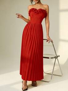 Rafferiza Vestido plissado feminino com bojo e detalhes em renda floral, vestido sexy, vestido vermelho, ideal para férias, encontros, passeios, Ano Novo, look feminino para o Ano Novo. - Vermelho - Ver 3