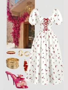 Elenzga Cherry Print Criss-Cross Tie Waist Petal Sleeve Casual Vacation Dress - White - View 6