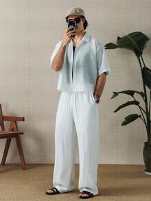 HUEFORM 男士抽绳腰带口袋直筒宽松条纹裤，适合返校季和春夏穿着 - 白色 - 查看 8