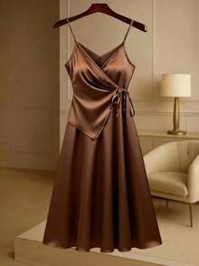 GlowEve CURVE 女士亮面面料V领褶皱裹身蝴蝶结腰带A字长款吊带连衣裙，适合春秋季休闲穿着 - 棕色 - 查看 1