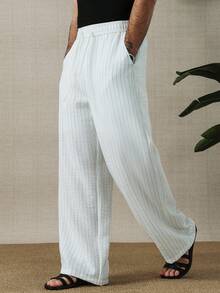 HUEFORM 男士抽绳腰带口袋直筒宽松条纹裤，适合返校季和春夏穿着 - 白色 - 查看 3