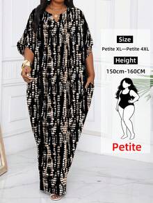 SHEIN Lady 2025新款休闲度假风印花长款加大码V领长袖纯色拼接宽松休闲连衣裙，吊带裙，女士夏季连衣裙 - 彩色 - 查看 4