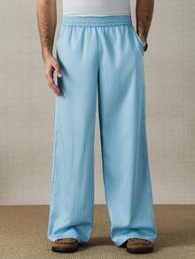 HUEFORM 男士抽绳腰带条纹休闲宽松阔腿裤，日常百搭 - 藍色 - 查看 5