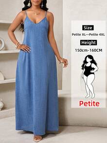 SHEIN Lady Đầm dự tiệc mùa xuân hè dáng dài màu xanh giả denim, dây mảnh, kiểu yếm, cỡ lớn, kẻ caro, kiểu châu Phi, đầm mùa hè cho nữ. - Màu xanh lam - Xem 6