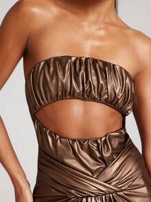 NYA SZN Dress Maxi Length Strapless Ruched Gold Tone Formal Special Occasion Brunch Wedding Date Night Going Out Prom Elegant Luxury Statement Gyaru Outfits For Women - Brown - View 5