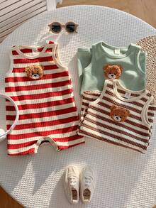 SHEIN 3pcs/Set Newborn Unisex Baby Clothes, Baby Boy & Girl Summer Cute Casual Knitted Striped Cartoon Bear Sleeveless Romper 3-Piece Set, Basic Multi-Pack - Multicolor - View 6