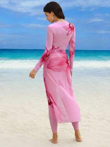 Swim Mulvari Spring/Summer New Women Vacation Beach Floral Print Long Sleeve Top, Pants And Mesh Skirt 3-Piece Set - Pink - View 2