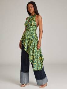 NYA SZN Top Sleeveless Cutout Detail Gathered Printed Abstract High Low Hem Green Satin Everyday Date Night Outfits For Women - Multicolor - View 6