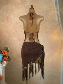 SaltGleam SaltGleam Women's Summer Boho Vacation Shades Of Brown Halter Backless Tasseled Crop Top,Tie Neck Bohemian Tassel Beachwear For Music Festivals - Brown - View 2