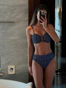 Swim Mod 女士波尔卡圆点印花金属装饰海滩度假比基尼泳装套装 - 黑與白 - 查看 3