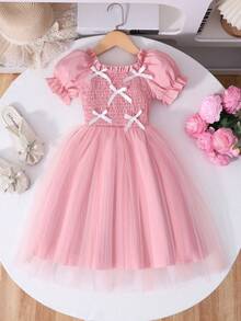 Glamorique Kids 1件女童公主甜美风蝴蝶结装饰花瓣袖网纱连衣裙，白色，适合春夏休闲穿着、生日派对、日常外出 - 粉色 - 查看 6