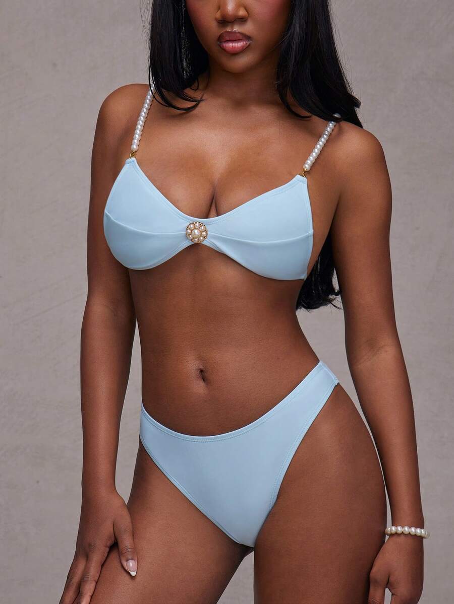 NYA SZN 2 piezas Bikini con detalle de perlas falsas - Azul - Ver 1
