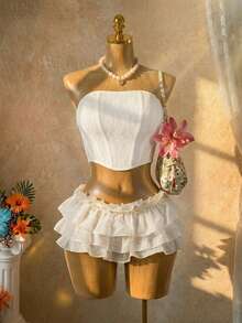 SaltGleam SaltGleam Women's Lace Faux Fishbone Bandeau Top, Sexy Music Festival Outfit White Two Piece Swimsuit Ruffle Set White Two Piece Set Women Cream Two Piece Set Two Piece White Set Bride Bachelorette Outfit Bridal Bathing Suit 2 Piece Sets Woman Vacation Outfits Women 2 Piece Set - White - View 6