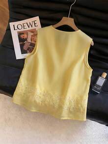 Airaco Damen Lässig einfarbiges Trägershirt mit Knopfleiste, Sommer - Hellgelb - Übersicht 2