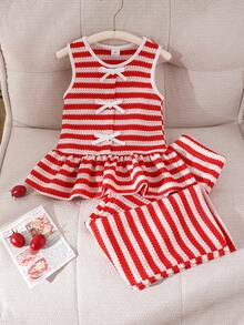 2pcs Girls Outfit,Sleeveless Striped Plaid Vest,Matching Loose Straight Leg Pants,Bow Decor Criss-Cross Straps,Summer,Family Matching,Casual Outings - Red and White - View 5