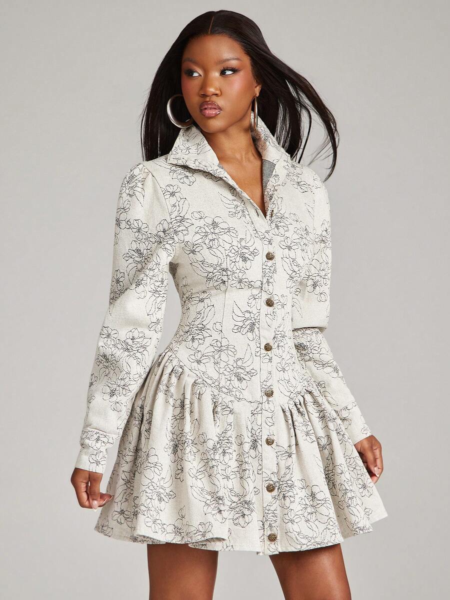 NYA SZN Women's Floral Print Single-Breasted Long Sleeve Ruffle Hem Denim Dress - Multicolor - View 1