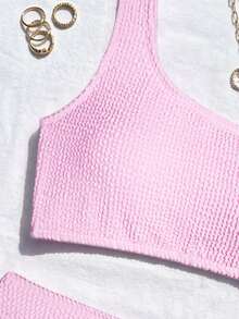 Swim Vcay Women's Summer New Crinkle Fabric One-Shoulder Low-Waist Triangle Bikini Set 2 Piece Bathing Suits For Women Summer Outfit For Women Swimwear Beach Wear Women Outfits Pink Bikini Ribbed Bikini Women Vacation Outfit Sets Women Swimsuit 2 Piece Women Summer Outfits 2 Piece Women 2 Piece Outfit Casual Women Two Piece - Pink - View 3