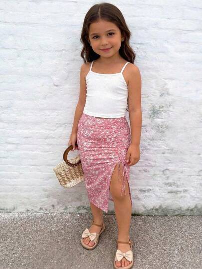 Emery Rose Kids Emery Rose Kids 2pcs Young Girl Solid Color Knit Camisole Top And Ditsy Floral Mini Skirt Set Girls Resort Wear Summer Skirt Kid Skirt Two Piece Set Girls Summer Two Piece Set For Girls Two Piece Set Girls Girls Pink Skirt Outfit Girl Two Pieces Dress Outfit