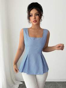 Elenzga 2025 Summer Niche Elegant Square Collar Striped Tie-Up Waist Sleeveless Shirt - Blue and White - View 4