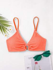 Swim Basics 女士夏季新款褶皱面料吊带圆环拼接泳衣上装 - 橘色 - 查看 3