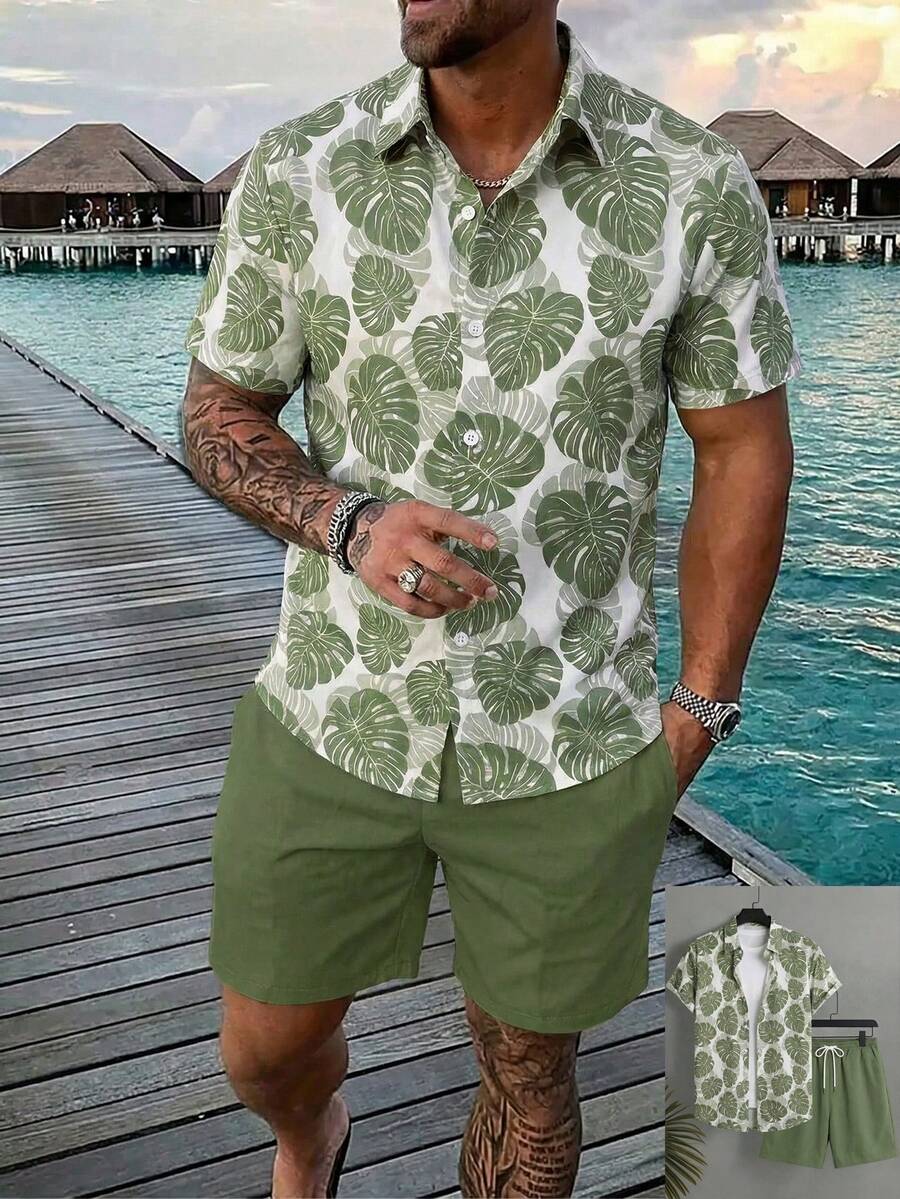 Manfinity Swimmode Conjunto de camisa y pantalones cortos con estampado de plantas para vacaciones casuales de hombre - Verde militar - Ver 1