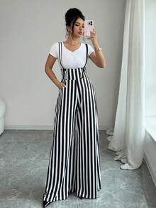 Elenzga Women's Casual Commuter Striped Wide Leg Jumpsuit - Black - View 5