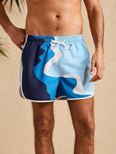 Manfinity Swimmode Men's Casual Colorblock Print Beach Shorts