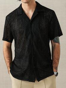 HUEFORM Men's Lace Short Sleeve Shirt, Suitable For Dating, Casual Wear, Vacation, And Daily Commute - Black - View 5