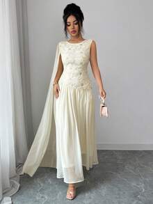 Elenzga Đầm nữ cổ tròn đính sequin phối nhiều lớp, kiểu dáng thanh lịch. - Màu be - Xem 6