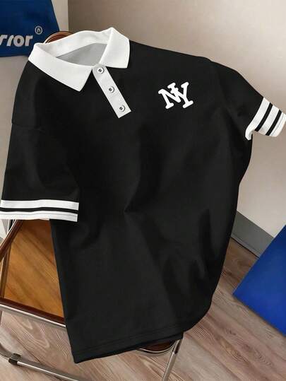 Manfinity Joysei 男士黑白撞色 Polo 衫，纽约标志，宽松版型，翻领短袖 T 恤，百搭简约休闲半开襟衬衫