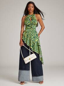 NYA SZN Top Sleeveless Cutout Detail Gathered Printed Abstract High Low Hem Green Satin Everyday Date Night Outfits For Women - Multicolor - View 7