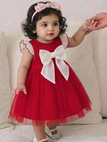 SHEIN Baby Girl Woven Bow Mesh Cap Sleeve Dress, Suitable For Christmas Party, Gatherings And Other Occasions - Multicolor - View 3