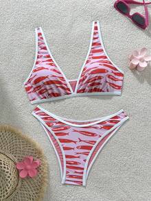 Swim Mod Women's Summer Beach Fish Print Casual Bikini And Triangle Panty Swimwear Set - Multicolor - View 5