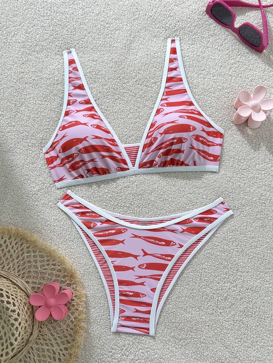 Swim Mod Women's Summer Beach Fish Print Casual Bikini And Triangle Panty Swimwear Set - Multicolor - View 1