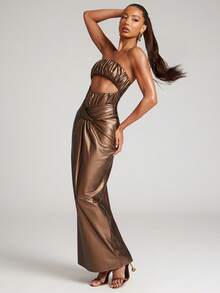 NYA SZN Dress Maxi Length Strapless Ruched Gold Tone Formal Special Occasion Brunch Wedding Date Night Going Out Prom Elegant Luxury Statement Gyaru Outfits For Women - Brown - View 1