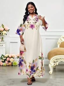 SHEIN Lady Váy Maxi Nữ Họa Tiết Hoa Và Truyện Tranh Thường Ngày 2025 Mùa Xuân Và Mùa Hè Kiểu Dáng Mới Váy Cỡ Lớn - Nhiều màu - Xem 6