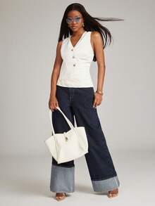 NYA SZN Áo vest xếp ly cài cúc phía trước thanh lịch cho mùa hè - trắng - Xem 3