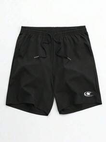 Coreblaze Pantalones cortos deportivos de moda con estampado gráfico y cintura con cordón para hombre - Negro - Ver 4