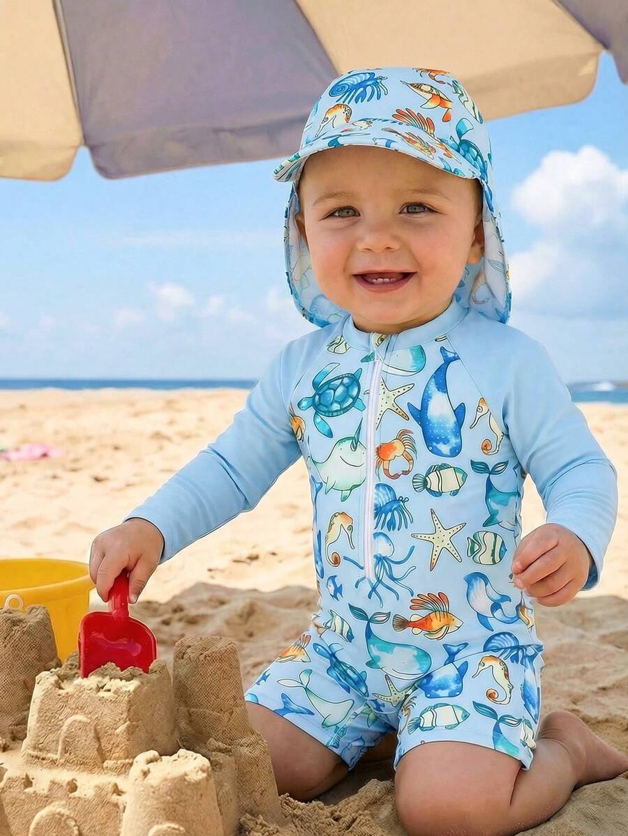 SHEIN Baby BoyLong Sleeve Swimsuit Set With Swim Cap, One-Piece Swimwear For Swimming, Beach, Pool, Water Play Baby Boy Swimsuit With Hat Baby Beach Wear Baby Boy Beach Essentials Baby Swimwear Baby Rash Guard With Hat Upf Baby Swimsuit Baby Boy Swim Rashguards Baby Beach Gear