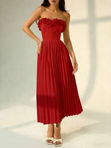 Rafferiza Vestido plissado feminino com bojo e detalhes em renda floral, vestido sexy, vestido vermelho, ideal para férias, encontros, passeios, Ano Novo, look feminino para o Ano Novo. - Vermelho - Ver 7