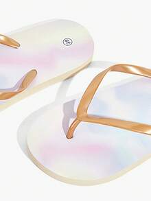 Grefit 女士渐变粉色和蓝色扎染金色夹扣人字拖，夏季假日穿着舒适百搭凉鞋 - 淺粉色 - 查看 4