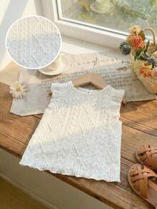 SHEIN Babygirl Cute Casual Versatile Jacquard Knit Ruffle Trim White Blouse - Multicolor - View 1